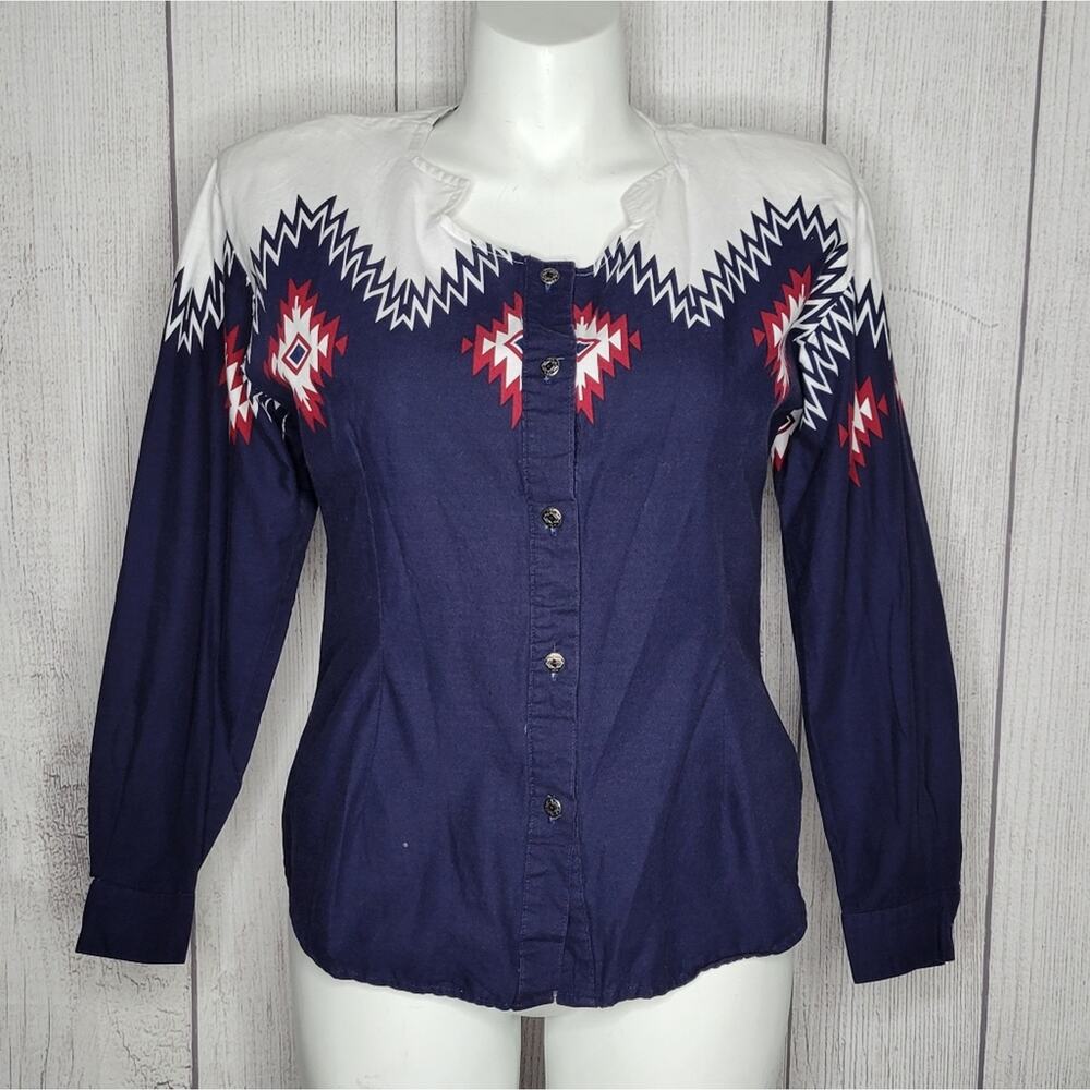 Vintage Roper Southwest Aztec Red White & Blue Button Down Western Top